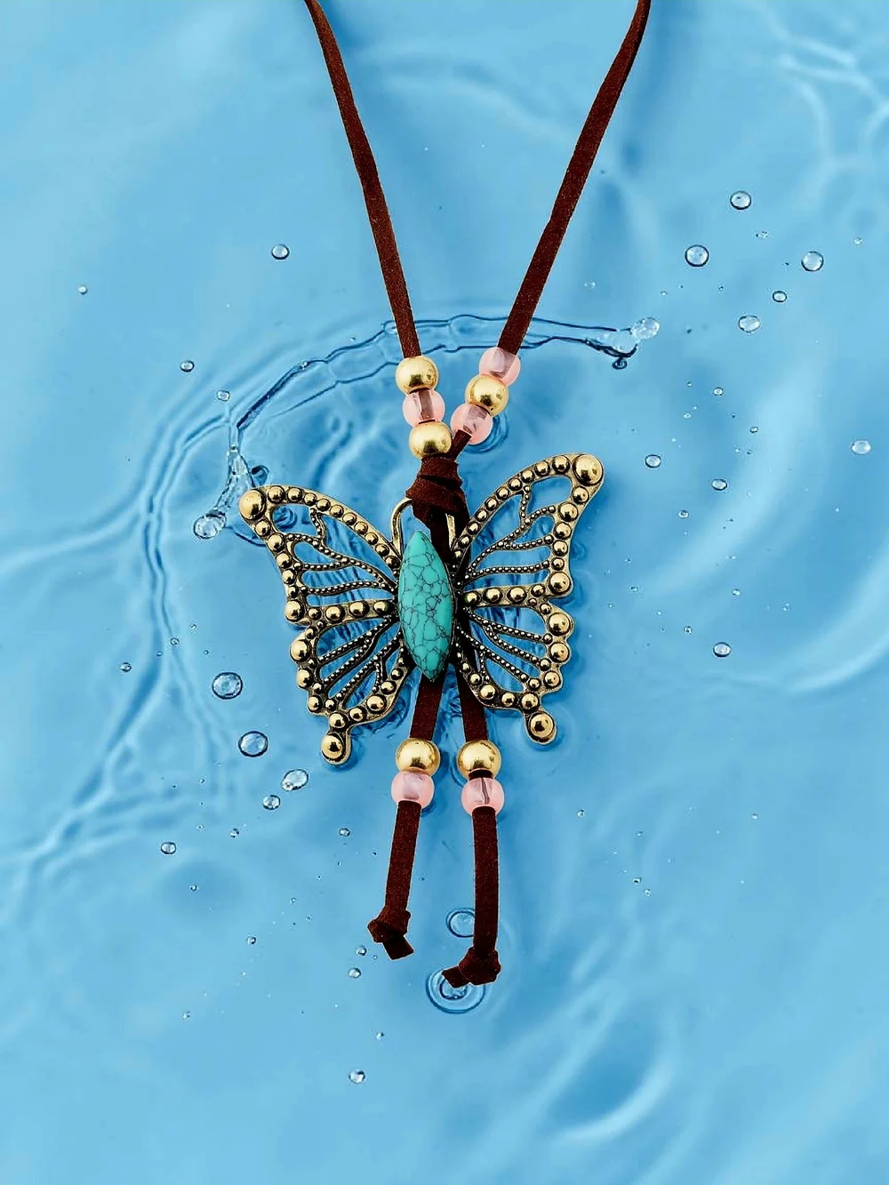 NEW Betsey Johnson Butterfly Boho Necklace Suede Cord Faux Turquoise Stone 16 in